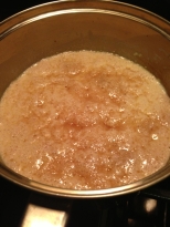 Wet ingredients with bloomed yeast.